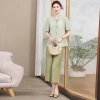 A two-piece Chinese-style cotton and linen set for petite moms in summer, a plain embroidered top and wide-leg pants set for middle-aged and elderly women details Picture